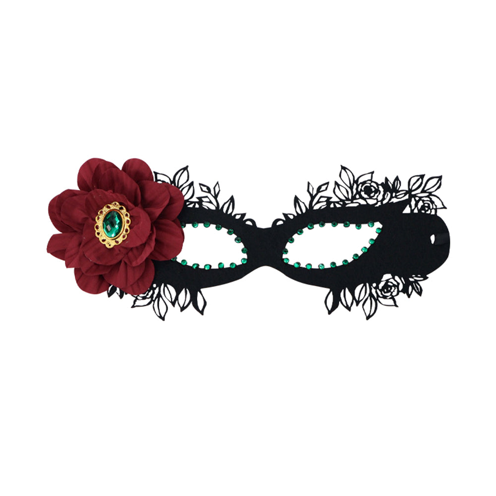 Bathory Black Floral Masquerade Mask with Red Flower