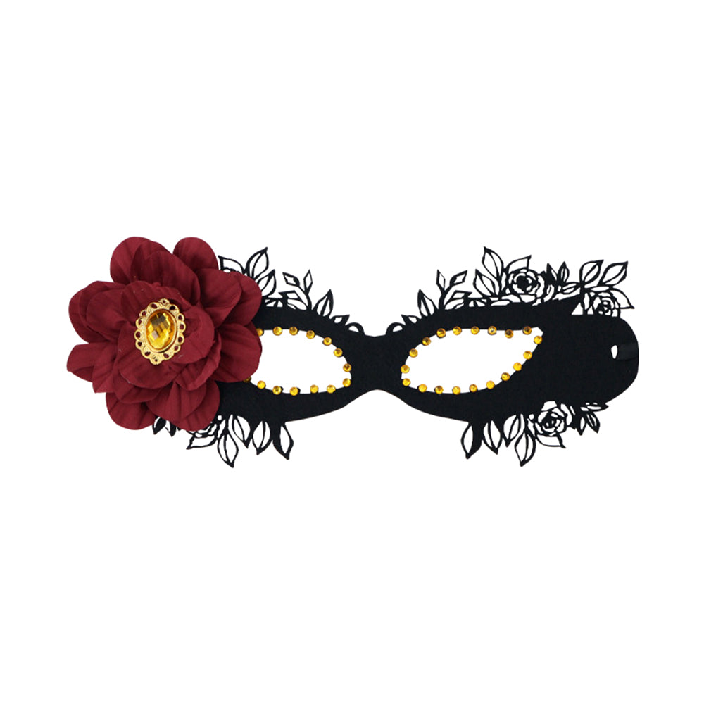 Bathory Black Floral Masquerade Mask with Red Flower