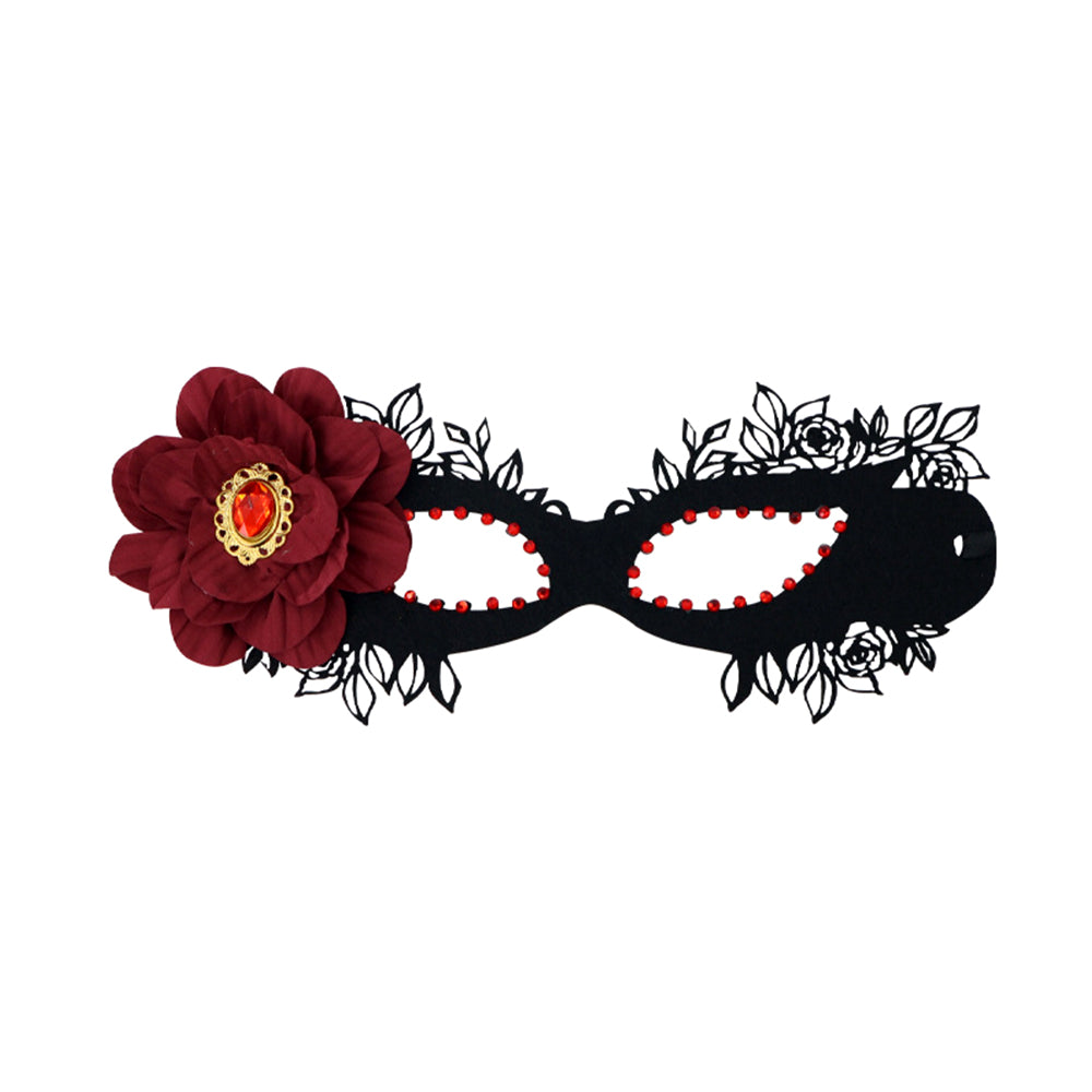 Bathory Black Floral Masquerade Mask with Red Flower