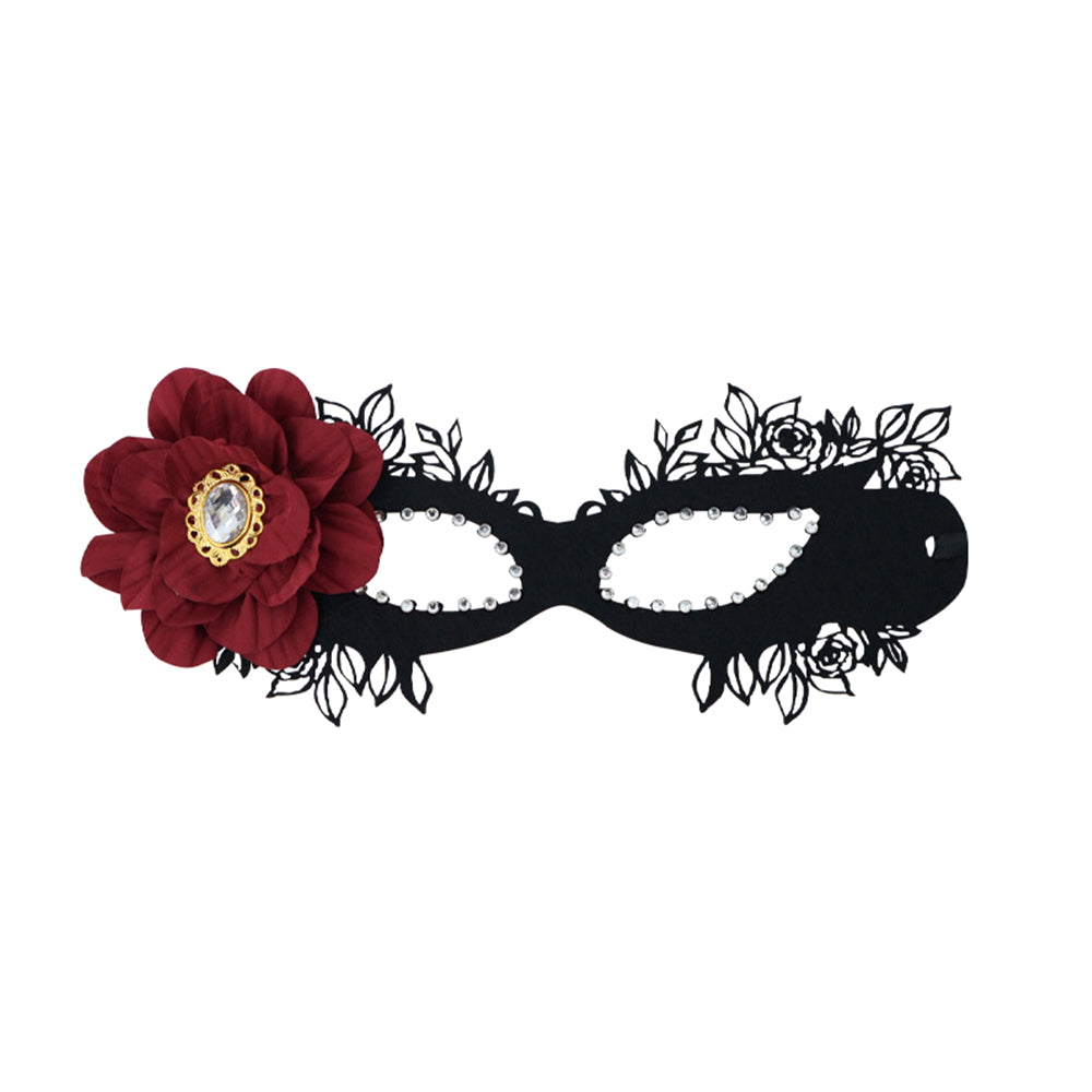 Bathory Black Floral Masquerade Mask with Red Flower