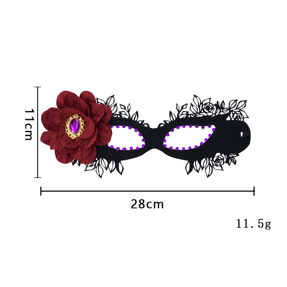 Bathory Black Floral Masquerade Mask with Red Flower