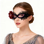 Bathory Black Floral Masquerade Mask with Red Flower