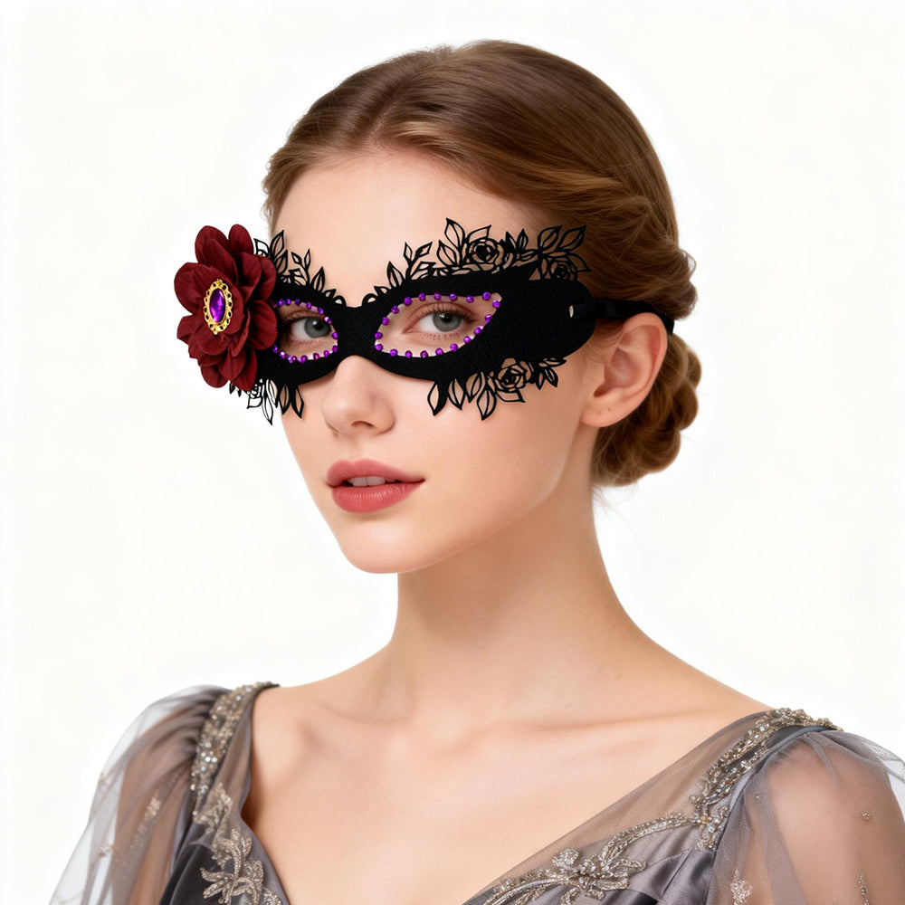 Bathory Black Floral Masquerade Mask with Red Flower