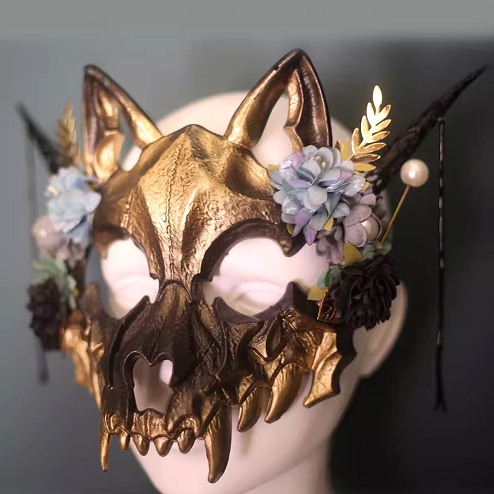 Bathory Gothic Rose Skull Masquerade Mask – Antique Gold with Red Roses
