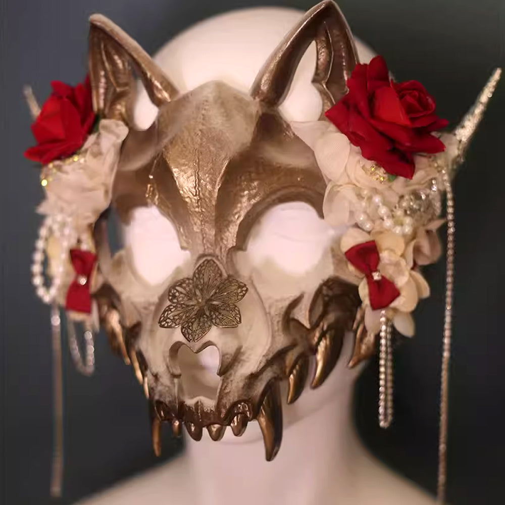 Bathory Gothic Rose Skull Masquerade Mask – Antique Gold with Red Roses