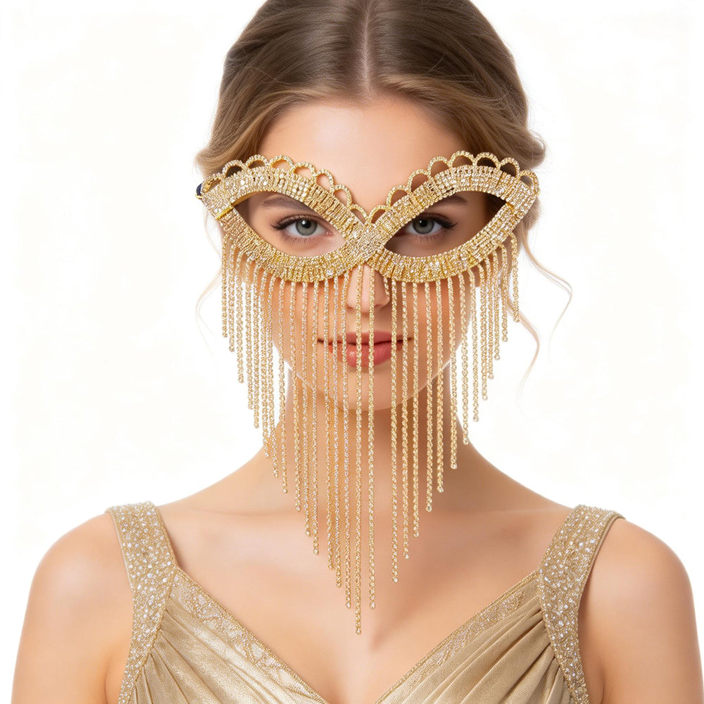 Bianca Gold Scalloped Rhinestone Fringe Venetian Masquerade Mask