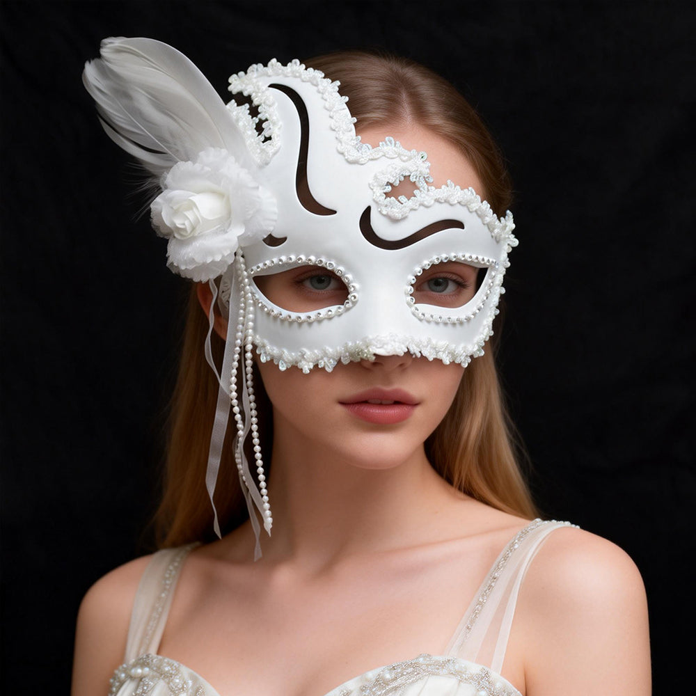 Giulia White Feather Venetian Masquerade Mask – Elegant Lace Trim & Pearl Detail