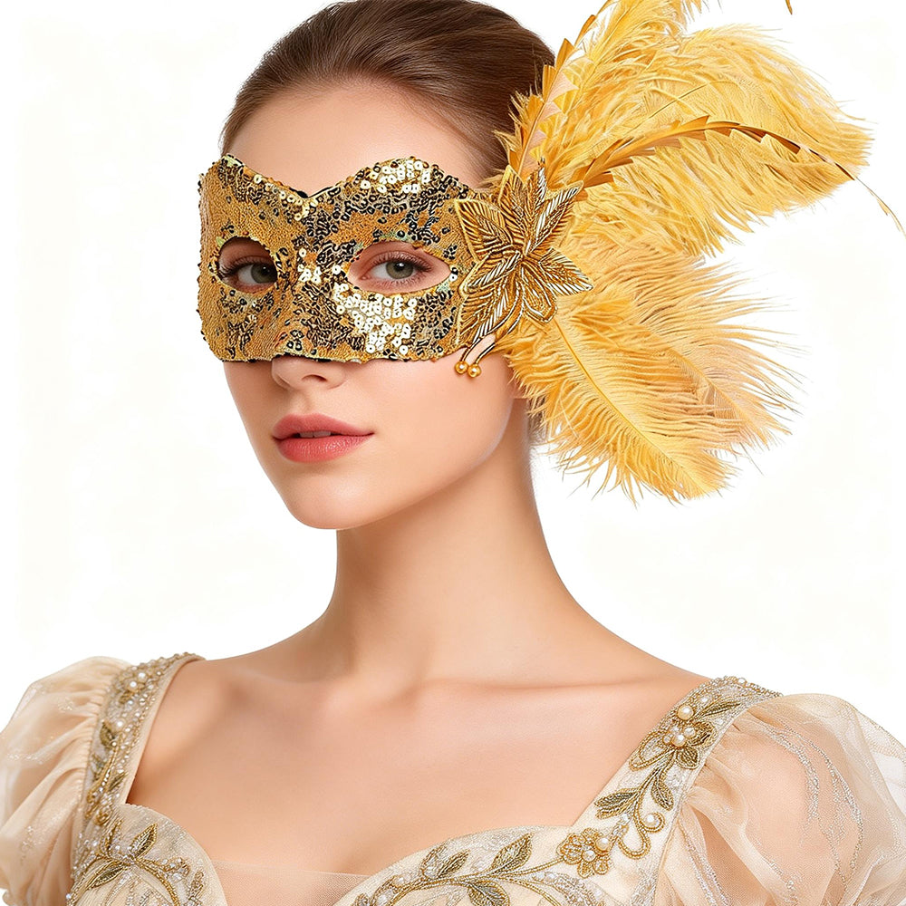 Giulia Sequined Feather Half-Face Masquerade Mask