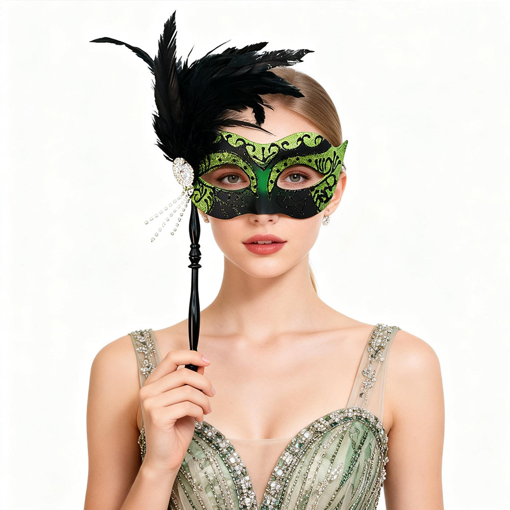 Giulia Feather Handheld Venetian Masquerade Mask
