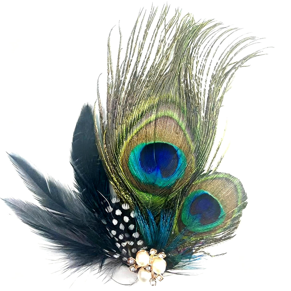 Giulia Peacock Feather Hair Clip with Pearl Accents