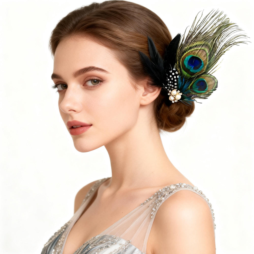 Giulia Peacock Feather Hair Clip with Pearl Accents