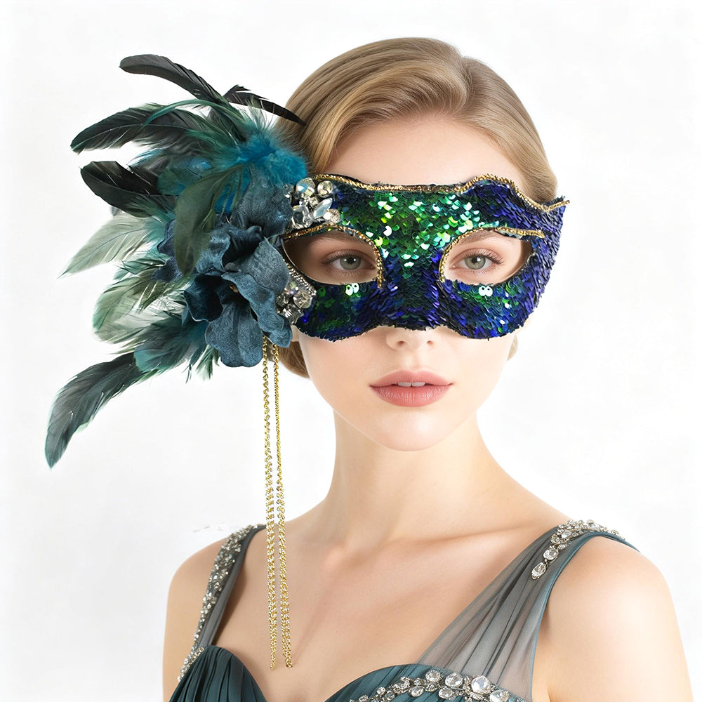 Regina Emerald Tide Sequin Feather Mask