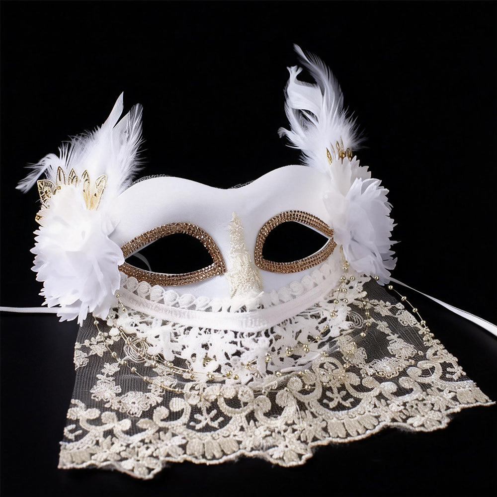 Marie Lace Veil Masquerade Mask with Feather Floral Accents