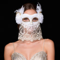 Marie Lace Veil Masquerade Mask with Feather Floral Accents