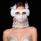 Marie Lace Veil Masquerade Mask with Feather Floral Accents