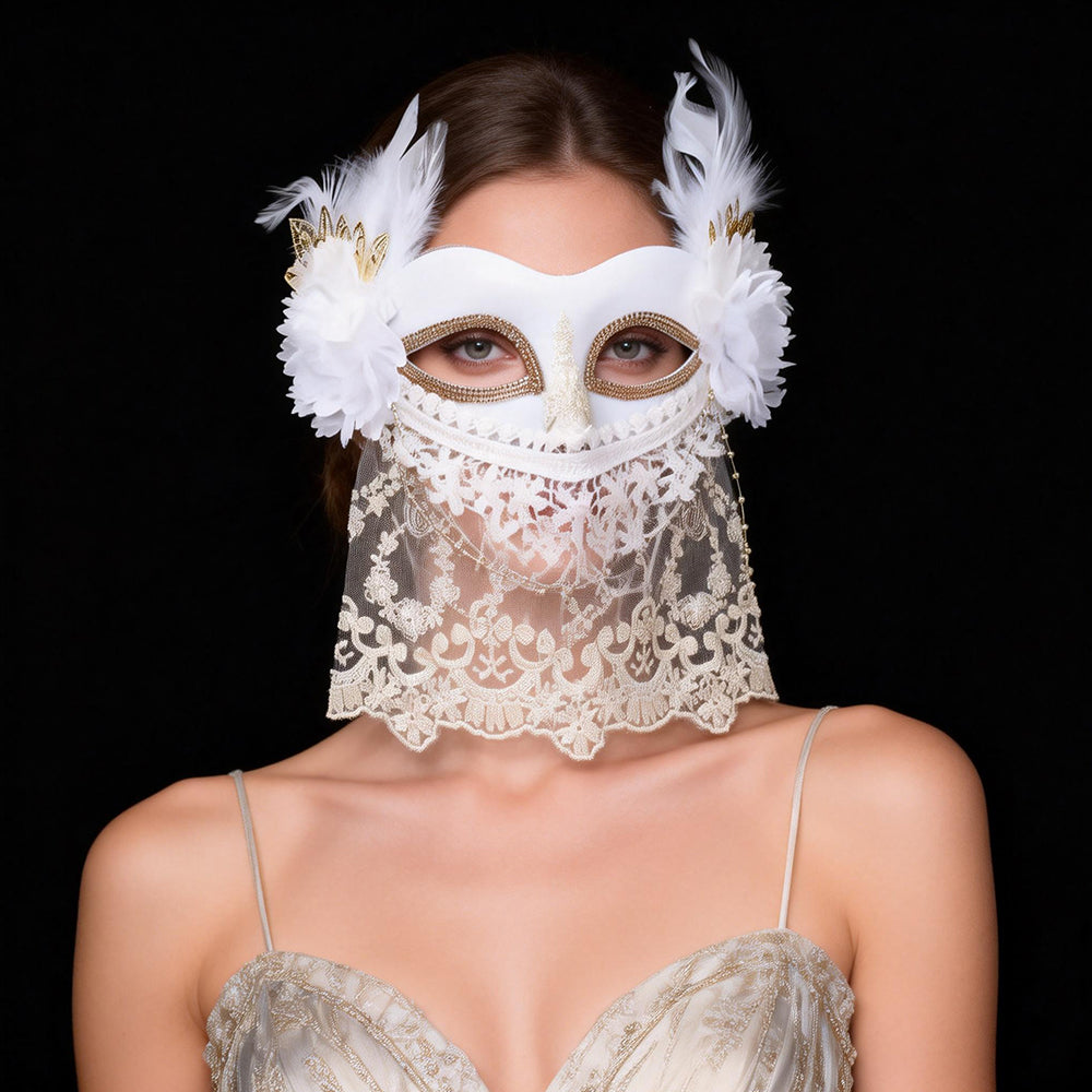 Marie Lace Veil Masquerade Mask with Feather Floral Accents