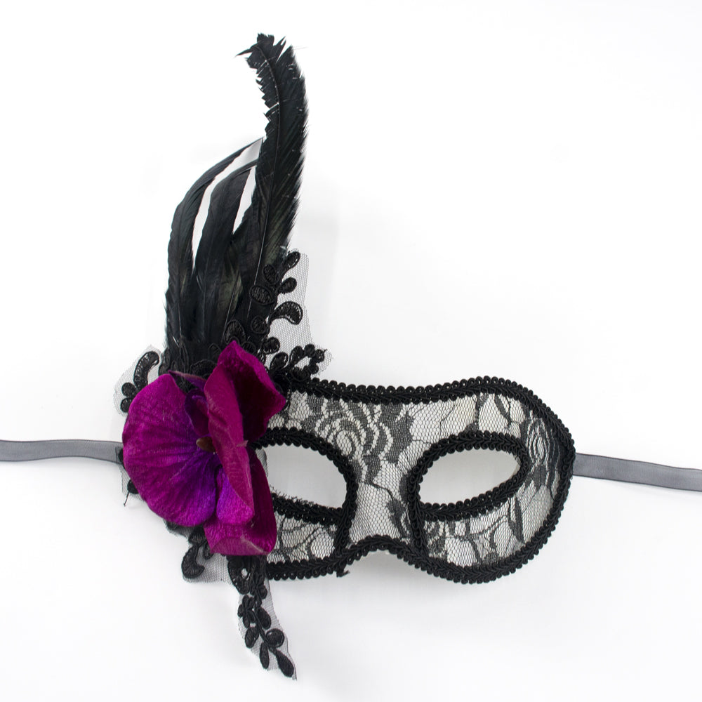 Giulia Black Lace Feather Floral Venetian Masquerade Mask