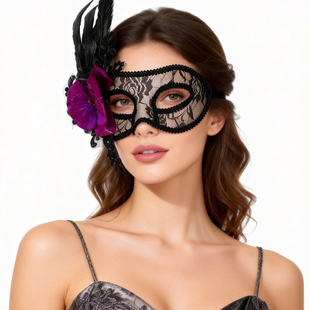 Giulia Black Lace Feather Floral Venetian Masquerade Mask