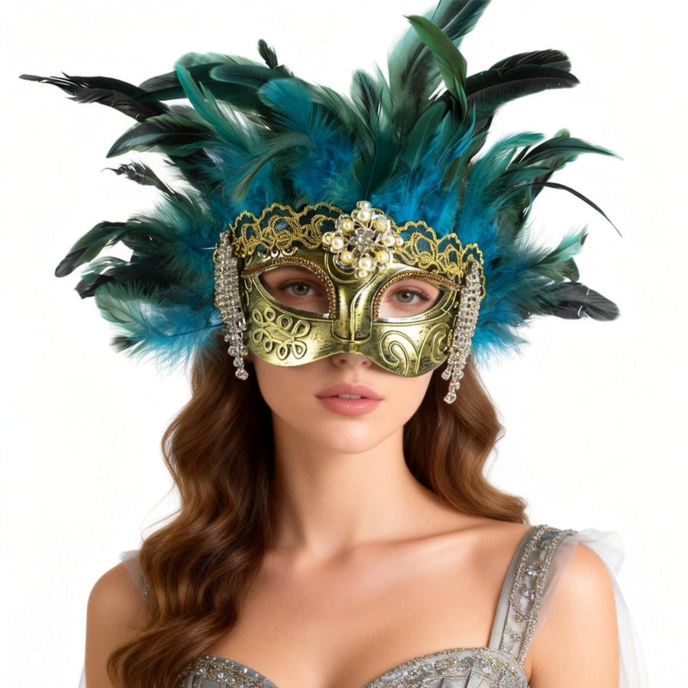 Giulia Emerald Feather Crown Venetian Masquerade Mask