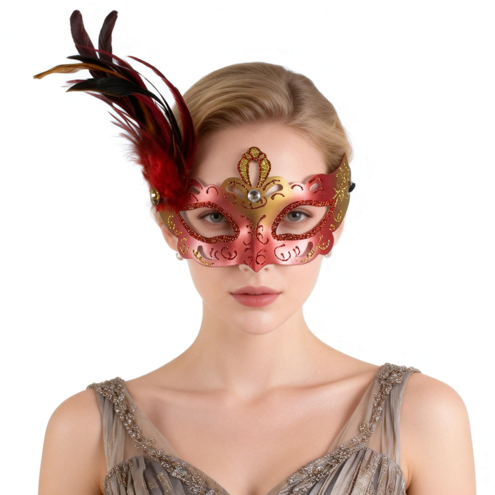 Giulia Venetian Half-Face Mask – Crimson Metallic with Gold Scrollwork