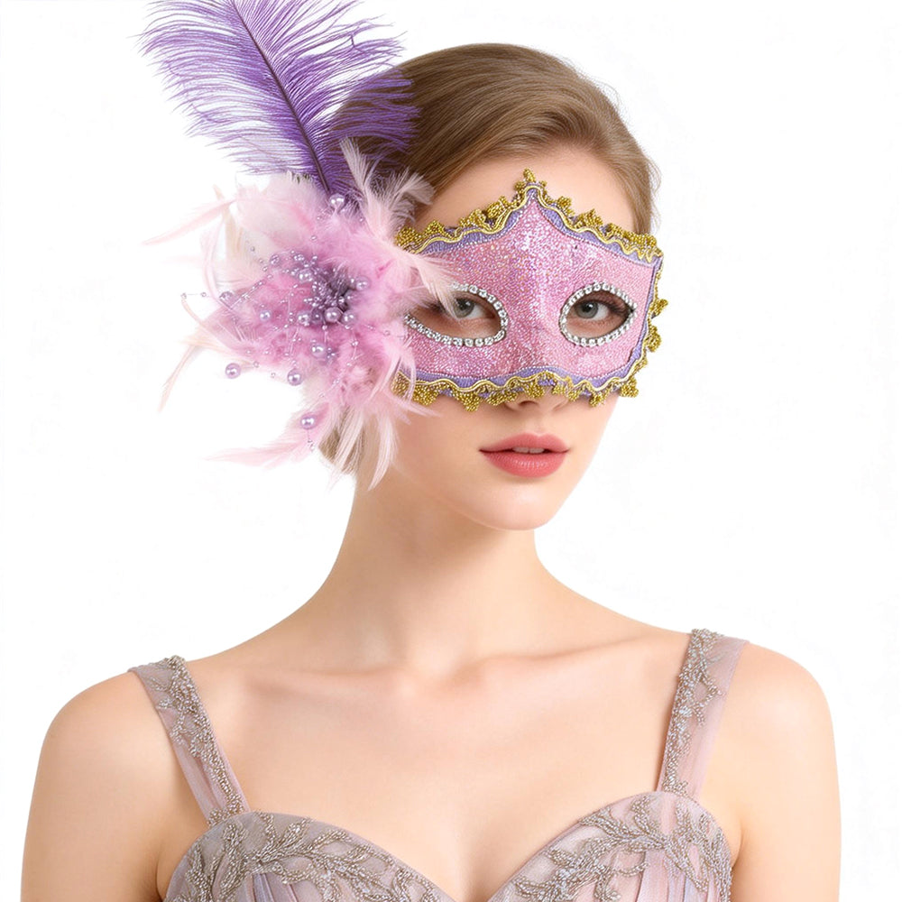 Giulia Blush Pearl Feather Mask – Pink & Gold Romantic Masquerade