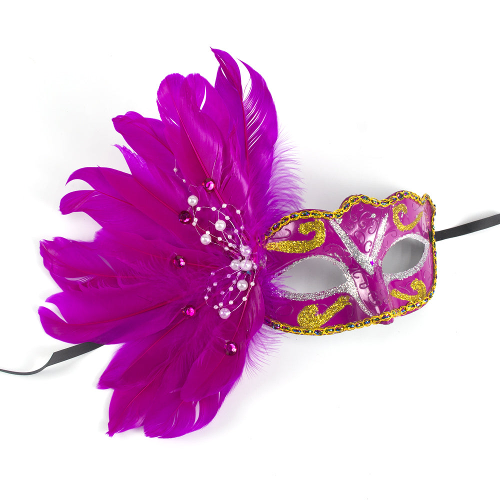 Giulia Fuchsia Pearl Feather Mask