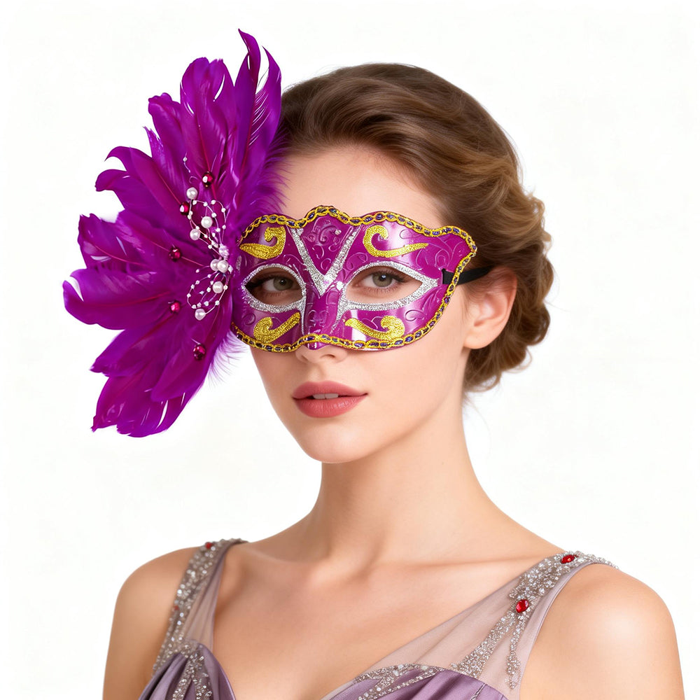 Giulia Fuchsia Pearl Feather Mask