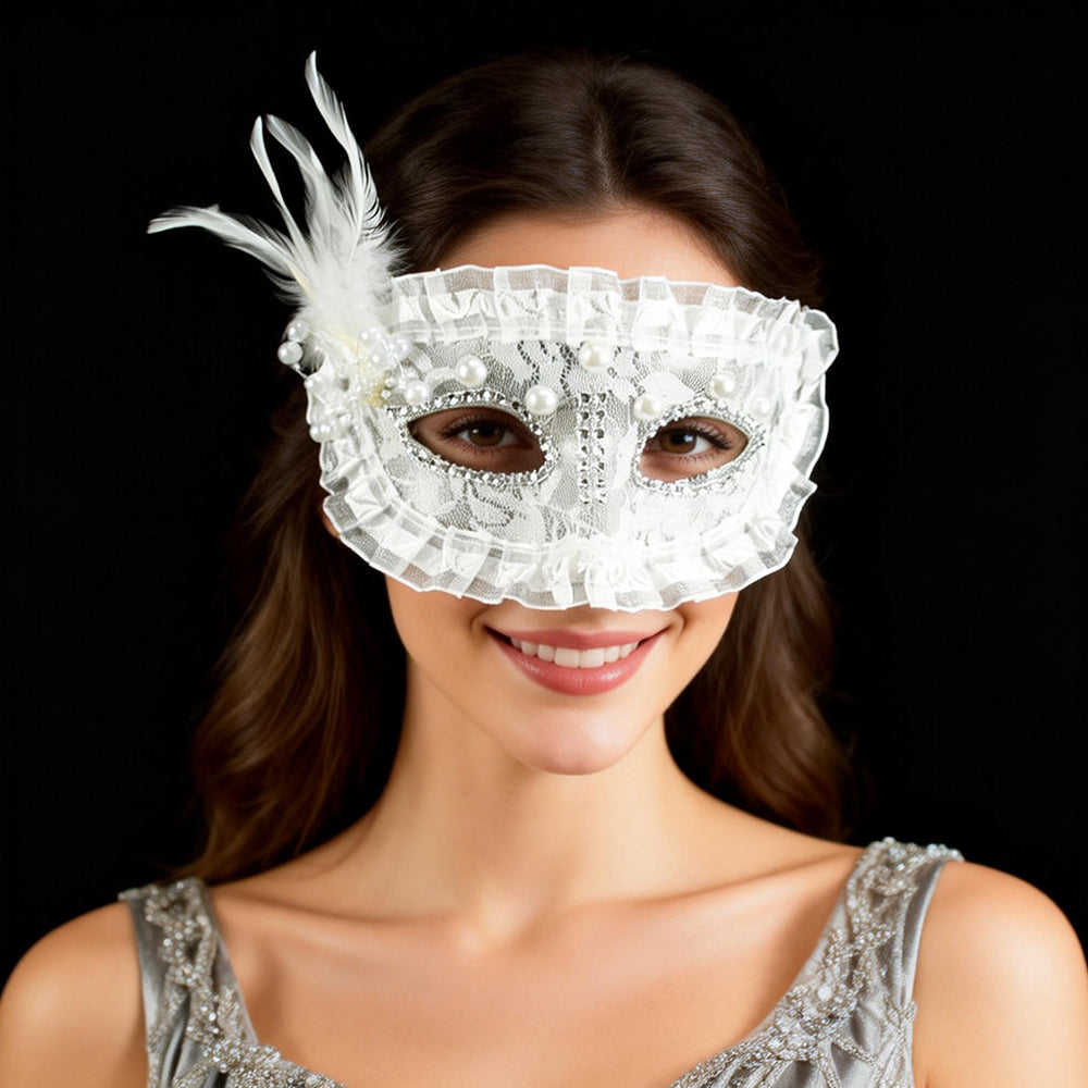 Héloïse White Lace & Pearl Venetian Masquerade Mask