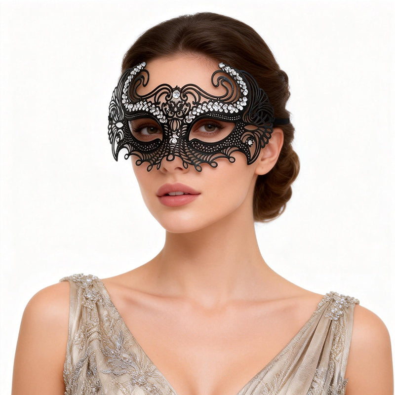 Regina Black Crystal Filigree Venetian Mask