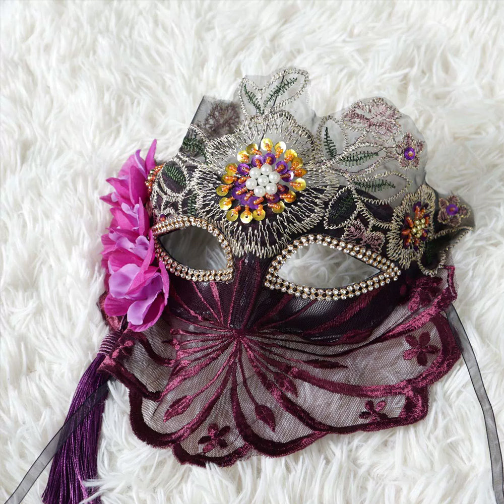 Marie Lace Embroidered Floral Veil Masquerade Mask with Tassel