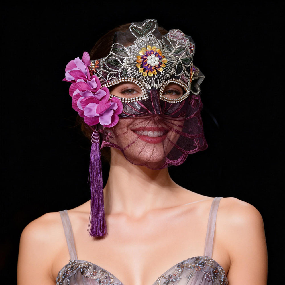 Máscara de mascarada con velo floral bordado Héloïse y borla