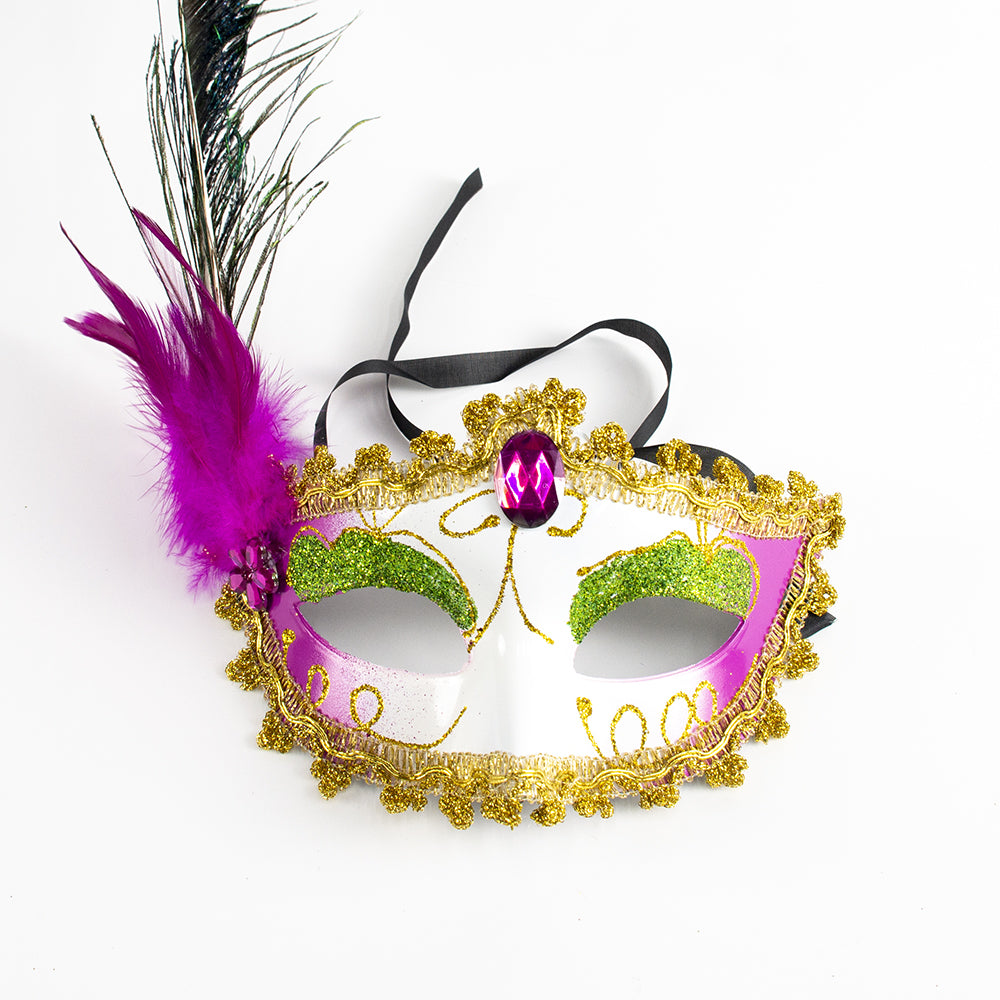 Regina  Feathered Venetian Masquerade Mask-gold&white