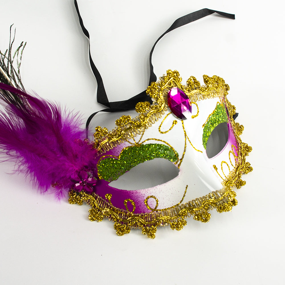 Regina  Feathered Venetian Masquerade Mask-gold&white