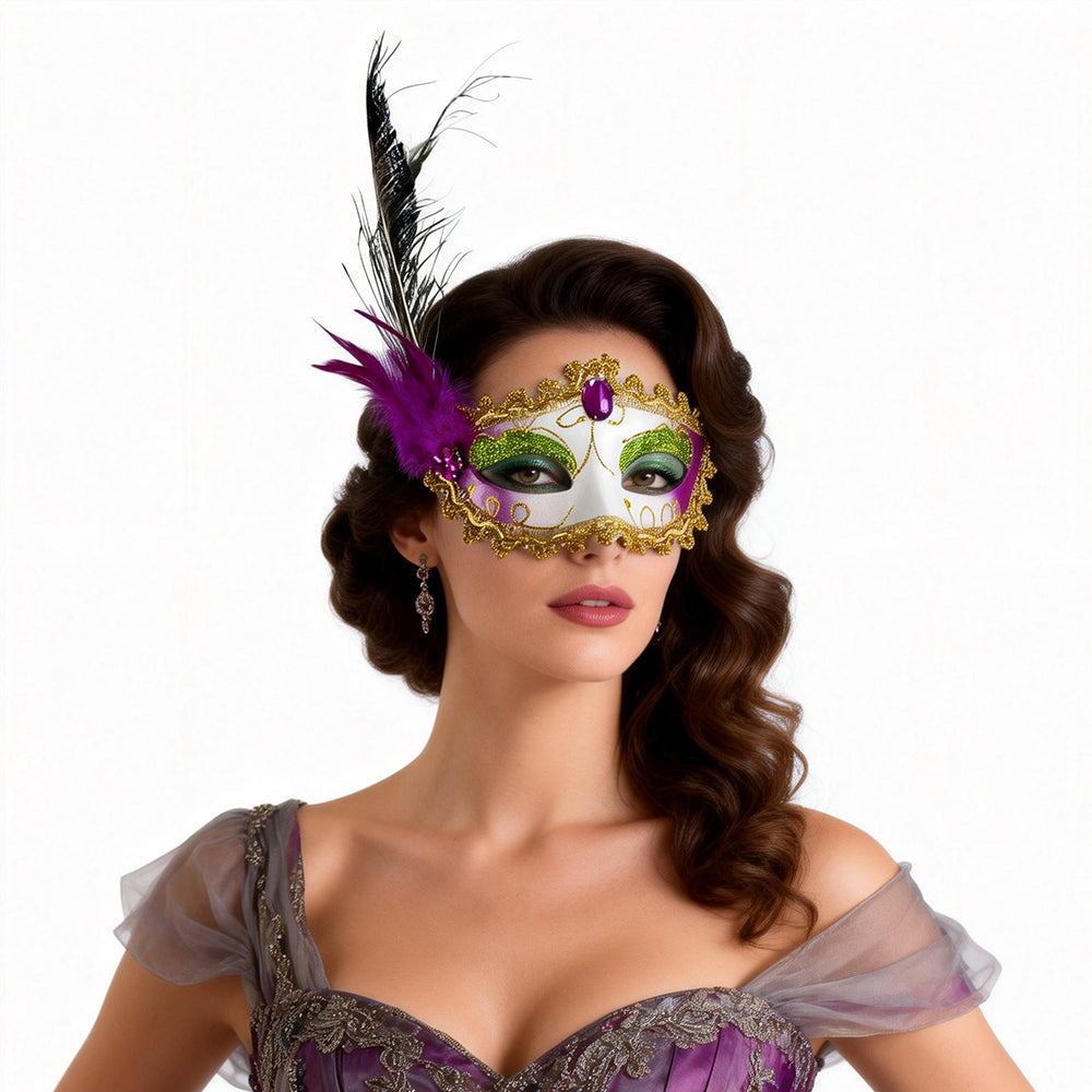 Regina  Feathered Venetian Masquerade Mask-gold&white