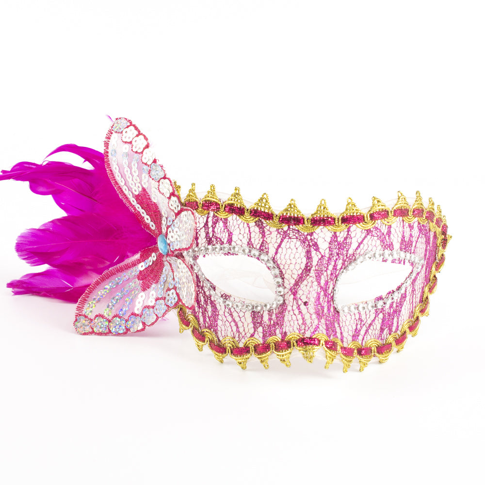 Giulia Pink Lace Butterfly Feather Venetian Masquerade Mask