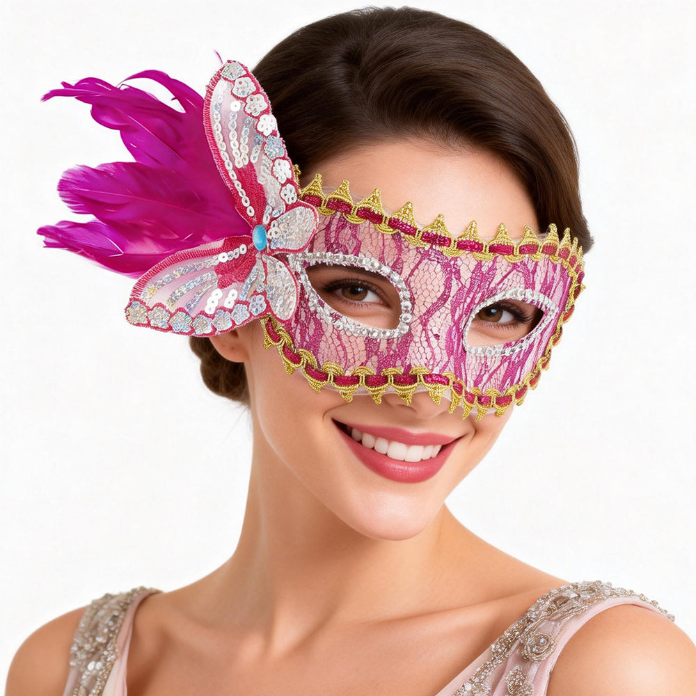 Giulia Pink Lace Butterfly Feather Venetian Masquerade Mask