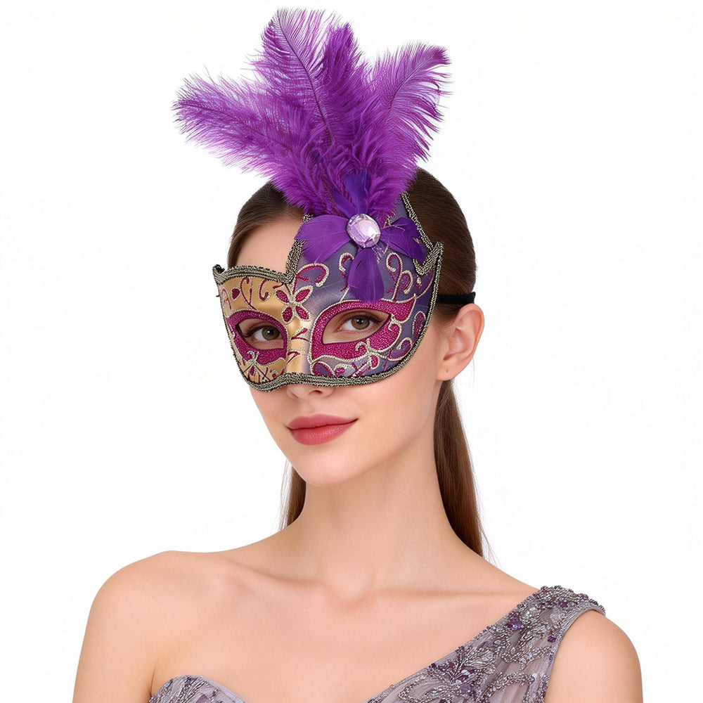 Giulia Baroque Feather Plume Masquerade Mask with Ornamental Detailing