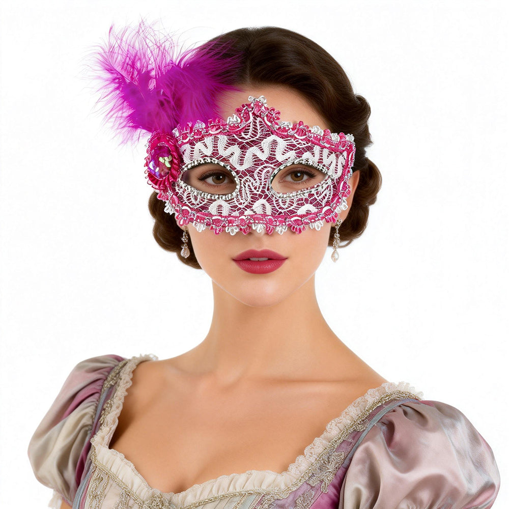 Marie Lace Venetian Masquerade Mask with Feather Accent