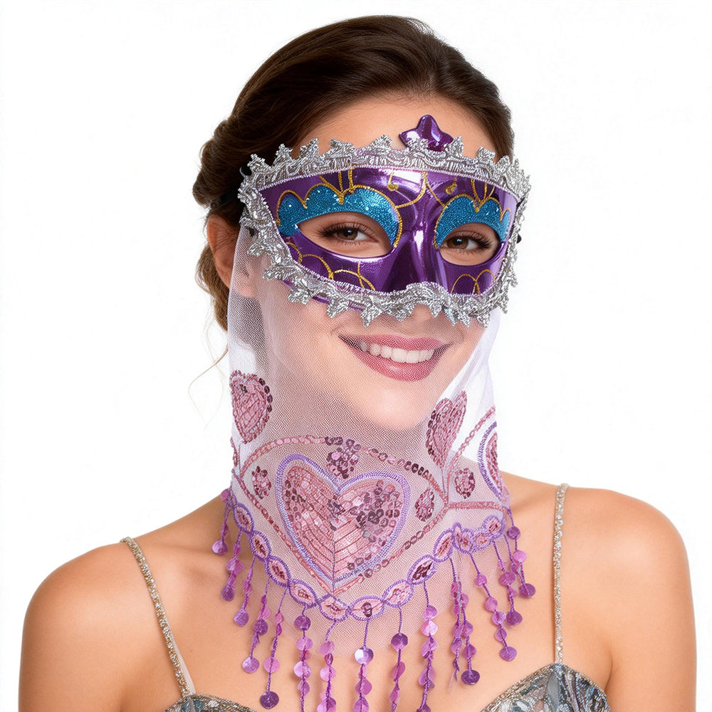 Héloïse Purple Masquerade Mask with Lace Veil – Romantic Carnival Style
