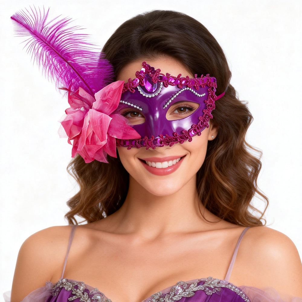 Giulia Purple Feathered Venetian Masquerade Eye Mask – Elegant Carnival Style