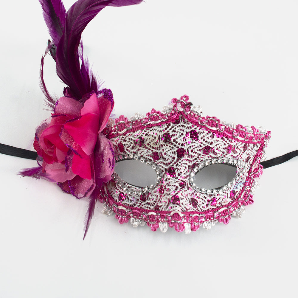 Héloïse  Lace Venetian Masquerade Mask with Feather & Flower Accent