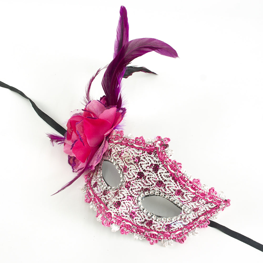 Héloïse  Lace Venetian Masquerade Mask with Feather & Flower Accent