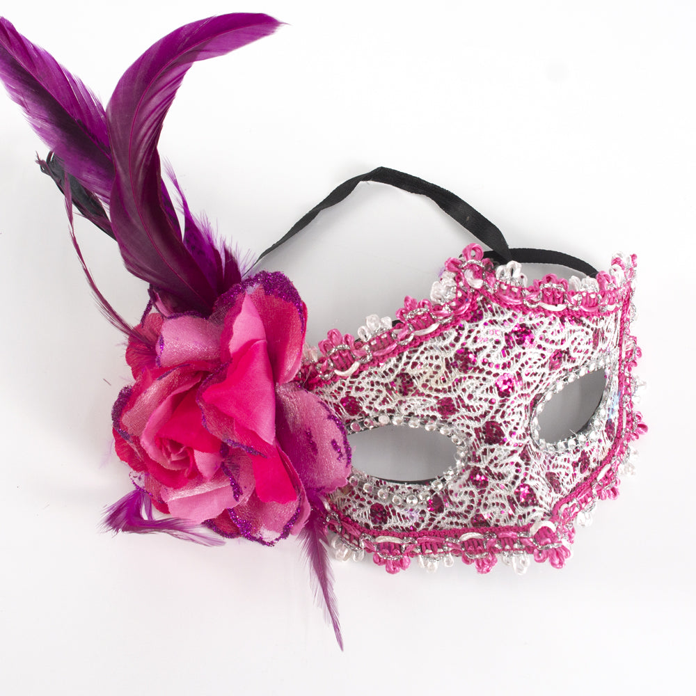 Héloïse  Lace Venetian Masquerade Mask with Feather & Flower Accent
