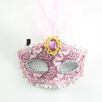 KELLY PINK Pink Lace Venetian Masquerade Mask with Feather & Jewe