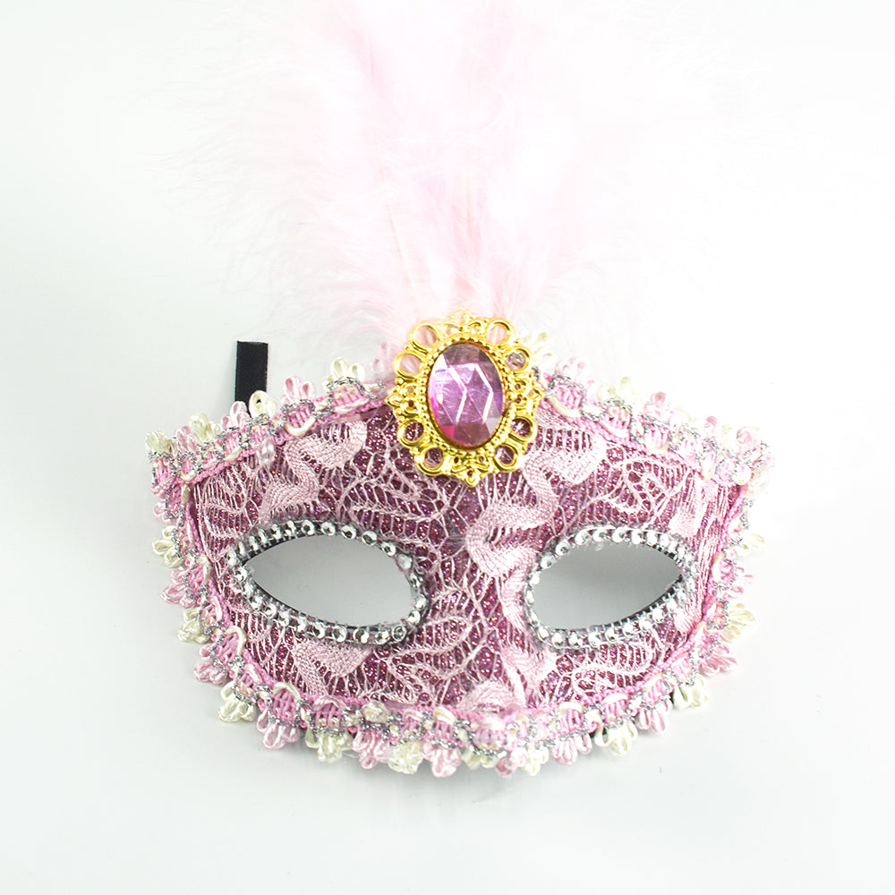 KELLY PINK Pink Lace Venetian Masquerade Mask with Feather & Jewe