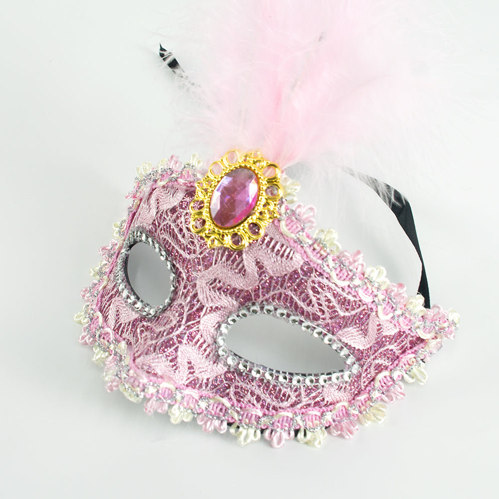 KELLY PINK Pink Lace Venetian Masquerade Mask with Feather & Jewe