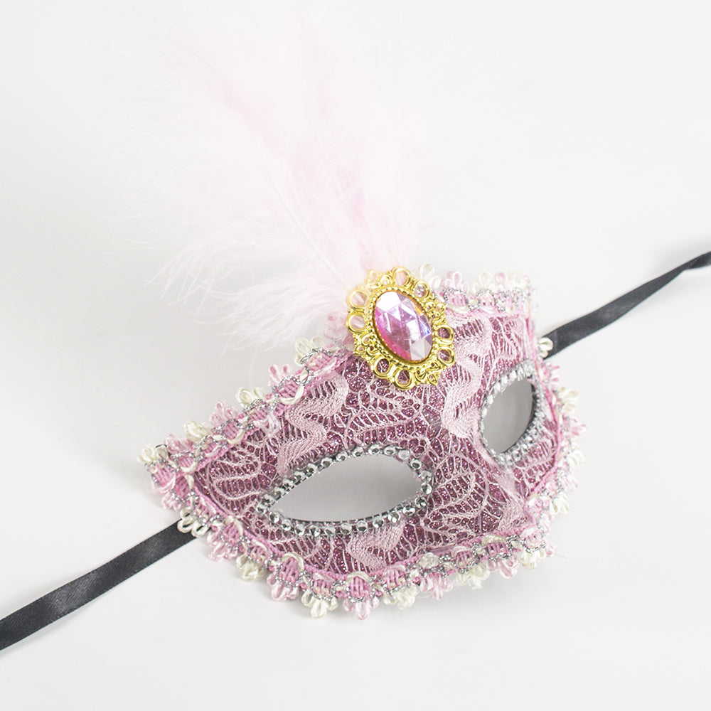 KELLY PINK Pink Lace Venetian Masquerade Mask with Feather & Jewe