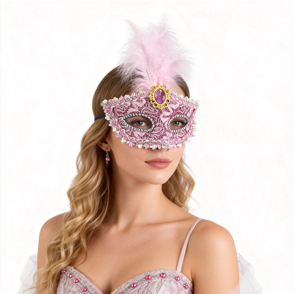 KELLY PINK Pink Lace Venetian Masquerade Mask with Feather & Jewe