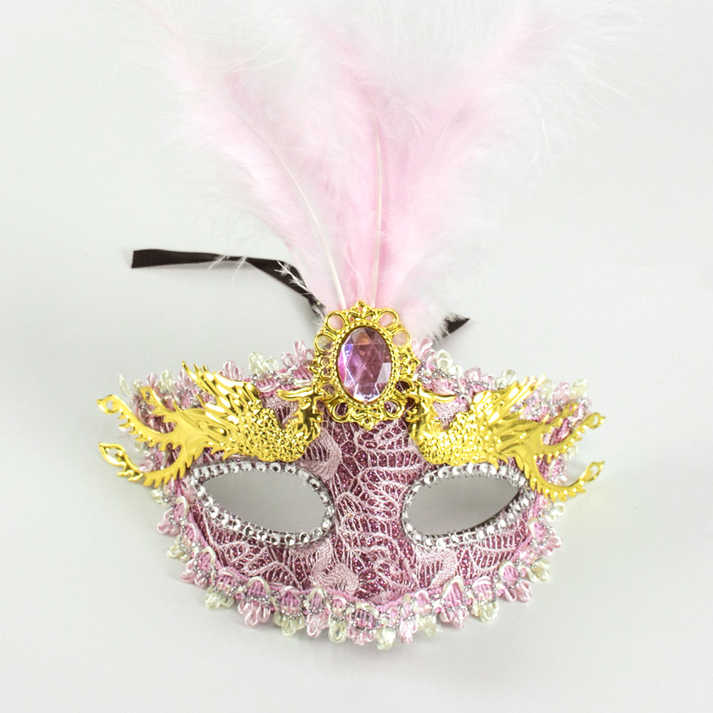 Kelly Pink Lace & Feather Venetian Masquerade Mask