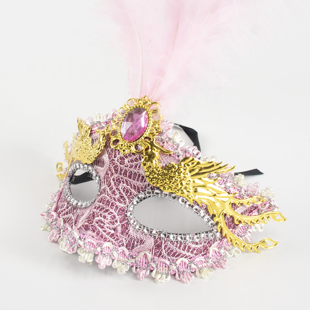 Kelly Pink Lace & Feather Venetian Masquerade Mask